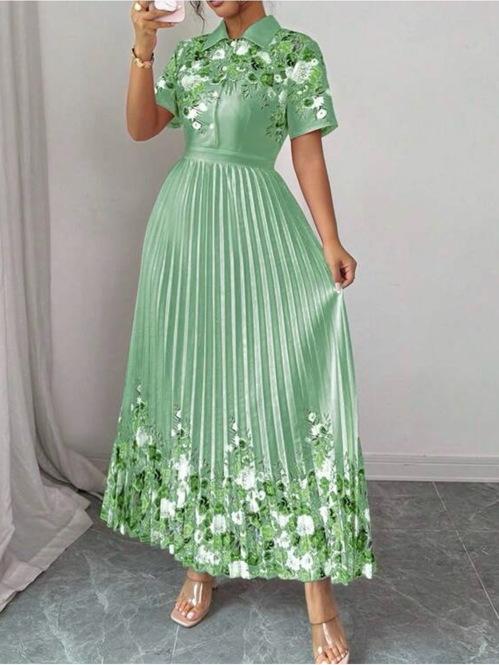 Elegant Green Pleated Floral Maxi Dress - Collared Short Sleeve